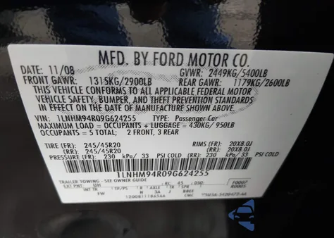 2009 Lincoln Mks z USA, uszkodzony, nr VIN 1LNHM94R09G624255